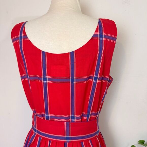Vintage 50s Serbin Petite Red & Navy Plaid Belted Button-Front Dress | Made in U - Picture 7 of 11